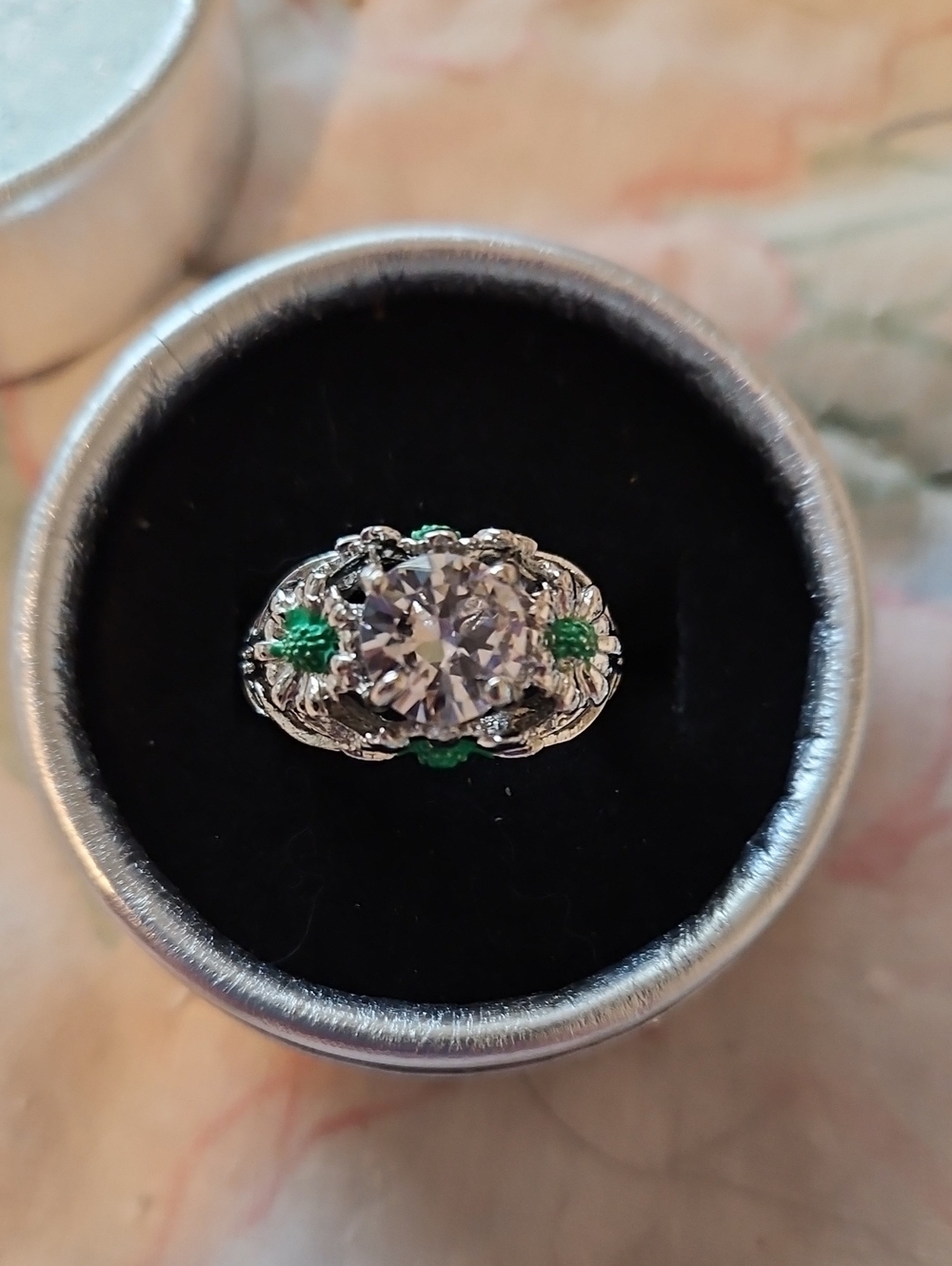 BRAND NEW ** Silver-Tone Ring with Clear Center Stone and Green Accents